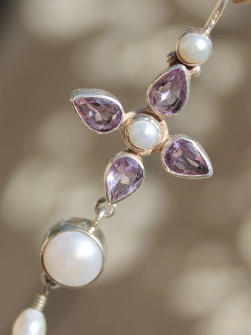 Baumeln Silber Amethyst Ohrringe Echte Perlen von Natharani