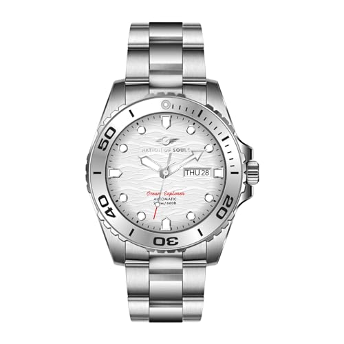 Nation of Souls Ocean Explorer – Automatische Taucheruhr für Herren mit 43 mm Gehäuse – 22 mm Uhrenarmband – 316L Edelstahl-Uhrengehäuse 200 m wasserdicht analoge Uhr – Britische Taucheruhren, silber, von Nation of Souls