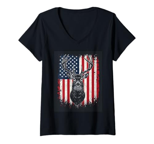 Damen Patriotischer Buck America Free Forest mit US-Flagge T-Shirt mit V-Ausschnitt von National Emblem Deer Pride
