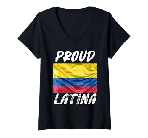 Damen Proud Latina Hispanic Heritage Month Columbia Flagge T-Shirt mit V-Ausschnitt Damen Proud Latina Hispanic Heritage Month Columbia Flagge T-Shirt mit V-Ausschnitt von National Hispanic Heritage Month Latina Outfit