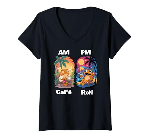 Damen AM Café PM Ron Puertoricanischer Humor Kaffee und Rum T-Shirt mit V-Ausschnitt von National Hispanic Heritage Month by NLTS