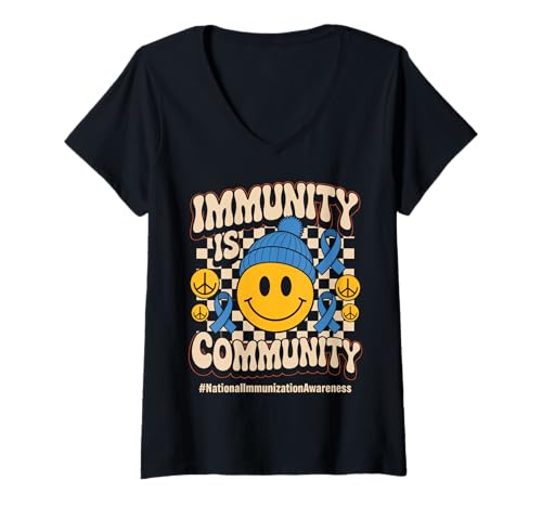Damen Immunity is Community Groovy Immunization Awareness T-Shirt mit V-Ausschnitt von National Immunization Awareness Month NIAM