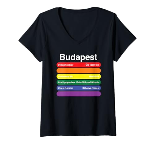 Damen Budapest Pride Regenbogen-Flagge Farbe Metro Bahnlinien T-Shirt mit V-Ausschnitt von National Pride Rainbow Metro Terminals Serie