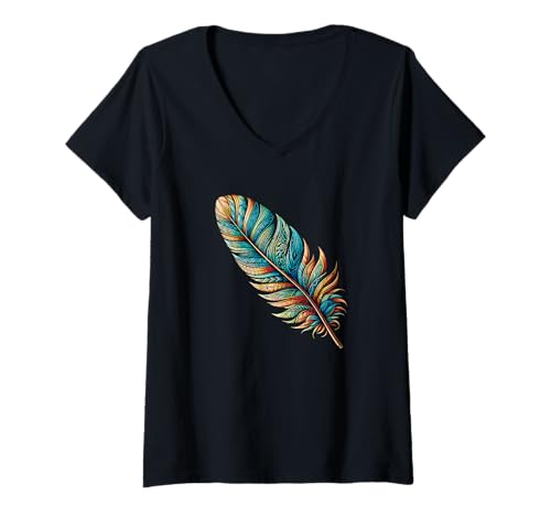 Damen Feder Südwesten Indianer Stammeskunst T-Shirt mit V-Ausschnitt von Native American Indian Tribal Art Graphic Outfits