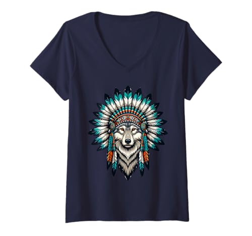 Damen Indianer Indianer Wolf Tribal Bohemian Indianer Indianer T-Shirt mit V-Ausschnitt von Native American Indian Wolf Head Tribal Bohemian