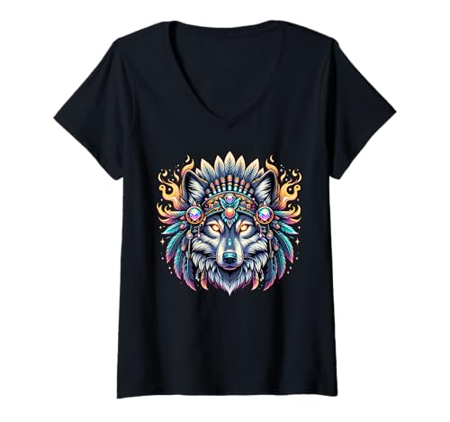 Damen Indianer Indianer Wolf Tribal Bohemian Indianer Indianer T-Shirt mit V-Ausschnitt von Native American Indian Wolf Head Tribal Bohemian