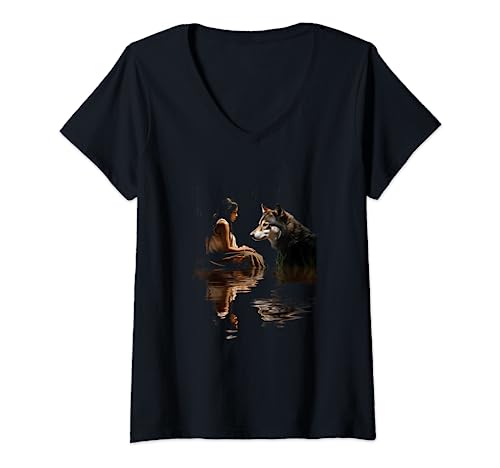 Indianerin Frau Mädchen und Wolf im See Indianer T-Shirt mit V-Ausschnitt von Native American Indian Wolf Lover