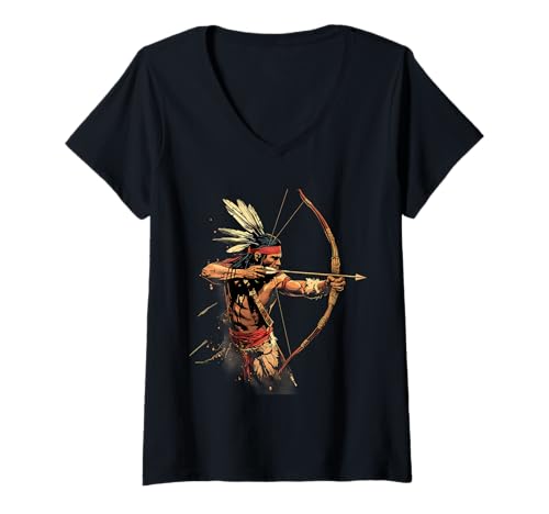 Damen Indianer Häuptling Bogen Pfeil Indianer Stolz T-Shirt mit V-Ausschnitt Damen Indianer Häuptling Bogen Pfeil Indianer Stolz T-Shirt mit V-Ausschnitt von Native American Indigenous People Warbonnet