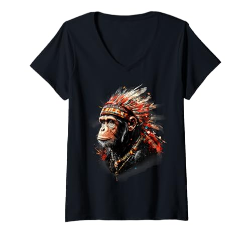 Damen Indianer Häuptling Indianer Stolz AFFE T-Shirt mit V-Ausschnitt von Native American Indigenous People Warbonnet
