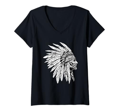 Damen Indianer Häuptling Indianer Stolz Indianer Zeichnung T-Shirt mit V-Ausschnitt von Native American Indigenous People Warbonnet