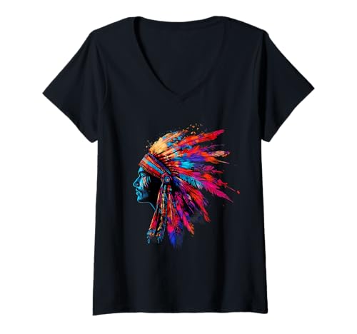 Damen Indianer-Kopfschmuck mit Federn, Indianerstamm T-Shirt mit V-Ausschnitt Damen Indianer-Kopfschmuck mit Federn, Indianerstamm T-Shirt mit V-Ausschnitt von Native American Indigenous People Warbonnet