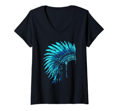 Damen Indianer-Kopfschmuck mit Federn, Kunstwerk Indianerhäuptling T-Shirt mit V-Ausschnitt von Native American Indigenous People Warbonnet