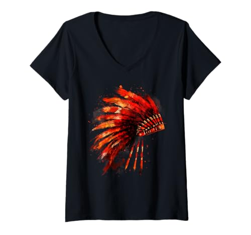 Damen Indianer-Kopfschmuck mit Federn, Kunstwerk Indianerstamm T-Shirt mit V-Ausschnitt von Native American Indigenous People Warbonnet