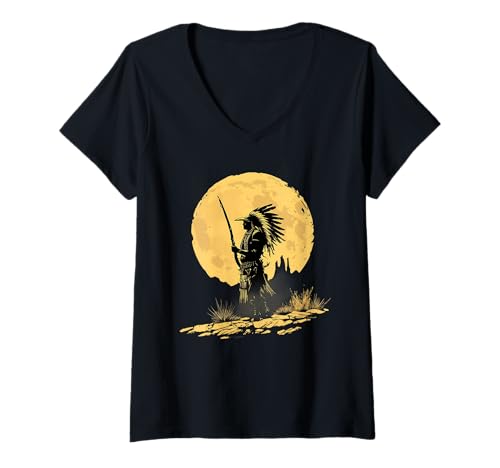 Damen Indianer Mond Indianer Häuptling Indianer Stolz T-Shirt mit V-Ausschnitt von Native American Indigenous People Warbonnet
