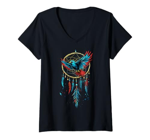 Damen Indianer Rabe Indianerstolz Traumfänger T-Shirt mit V-Ausschnitt Damen Indianer Rabe Indianerstolz Traumfänger T-Shirt mit V-Ausschnitt von Native American Indigenous People Warbonnet