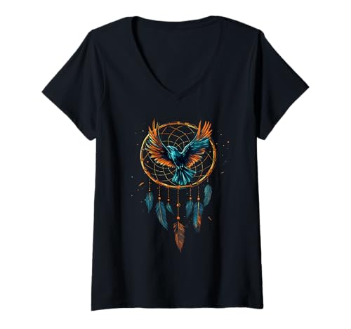 Damen Indianer Rabe Traumfänger Indianer Stolz T-Shirt mit V-Ausschnitt von Native American Indigenous People Warbonnet