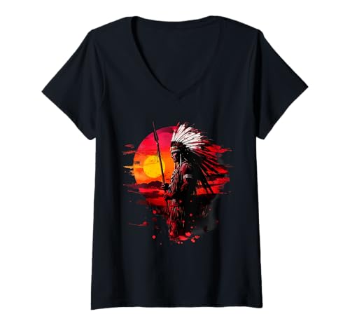 Damen Indianer Stolz Sonnenuntergang Indianer Häuptling Indianerstamm T-Shirt mit V-Ausschnitt Damen Indianer Stolz Sonnenuntergang Indianer Häuptling Indianerstamm T-Shirt mit V-Ausschnitt von Native American Indigenous People Warbonnet