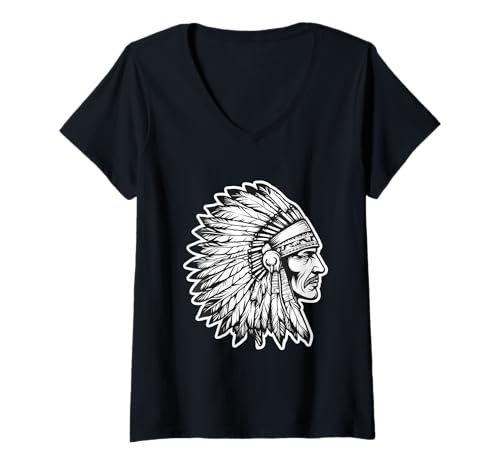 Damen Indianer Zeichnung Indianer Häuptling Indianer Stolz T-Shirt mit V-Ausschnitt von Native American Indigenous People Warbonnet