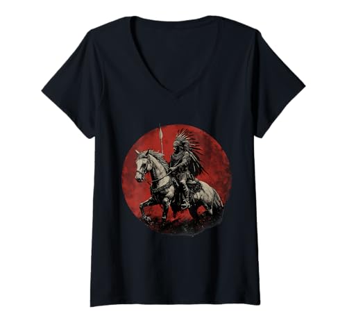 Damen Indianer Zeichnung Indianer Stolz Indianer Häuptling T-Shirt mit V-Ausschnitt von Native American Indigenous People Warbonnet