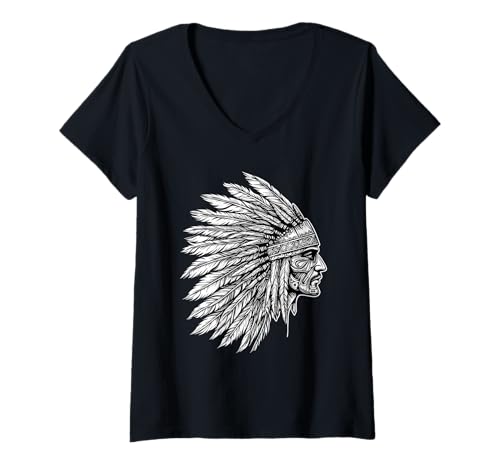 Damen Indianer Zeichnung Indianer Stolz Indianer Häuptling T-Shirt mit V-Ausschnitt von Native American Indigenous People Warbonnet