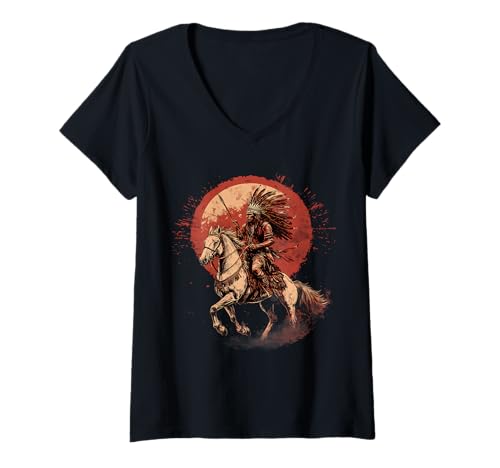 Damen Indianerhäuptling Indianer Reitkrieger Indianerstamm T-Shirt mit V-Ausschnitt Damen Indianerhäuptling Indianer Reitkrieger Indianerstamm T-Shirt mit V-Ausschnitt von Native American Indigenous People Warbonnet