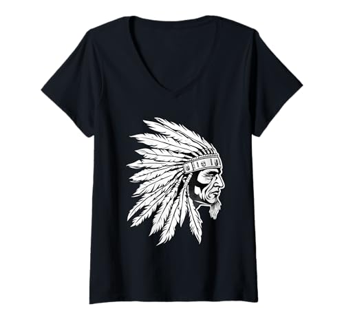 Damen Indianerhäuptling Indianer Stolz Zeichnung Indianer T-Shirt mit V-Ausschnitt von Native American Indigenous People Warbonnet