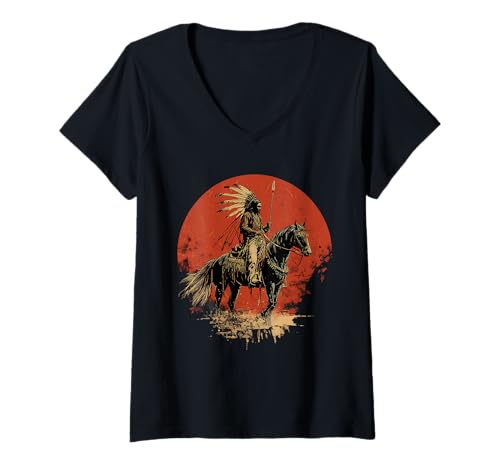 Damen Indianerhäuptling Reiten Feder-Kopfschmuck T-Shirt mit V-Ausschnitt von Native American Indigenous People Warbonnet