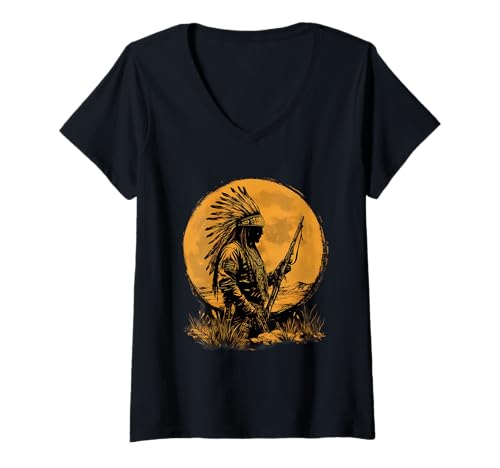 Damen Indianerhäuptling Sonnenuntergang Indianer Stolz T-Shirt mit V-Ausschnitt Damen Indianerhäuptling Sonnenuntergang Indianer Stolz T-Shirt mit V-Ausschnitt von Native American Indigenous People Warbonnet
