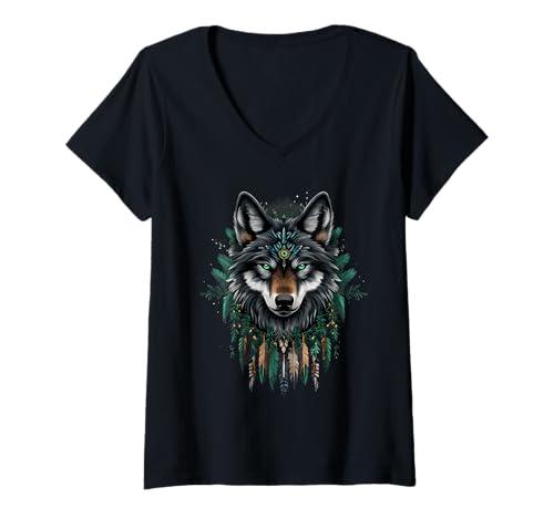 Damen Indianerwolf, Indianerstamm, Indianerstamm T-Shirt mit V-Ausschnitt Damen Indianerwolf, Indianerstamm, Indianerstamm T-Shirt mit V-Ausschnitt von Native American Indigenous People Warbonnet
