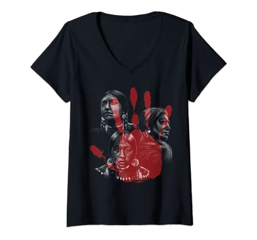 Damen Indianer Indigene rote Hand indisches Blut T-Shirt mit V-Ausschnitt von Native American Indigenous Red Indian Blood