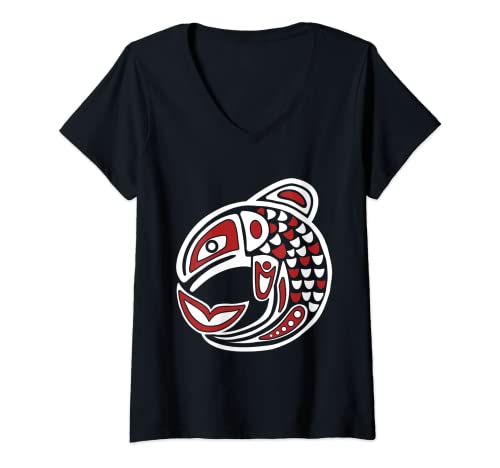 Damen Indianer Sternzeichen Lachs Geburt Totem Astrologie T-Shirt mit V-Ausschnitt Damen Indianer Sternzeichen Lachs Geburt Totem Astrologie T-Shirt mit V-Ausschnitt von Native American Zodiac
