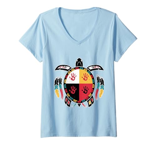 Damen Medicine Wheel indigene Indianer-Schildkröte T-Shirt mit V-Ausschnitt Damen Medicine Wheel indigene Indianer-Schildkröte T-Shirt mit V-Ausschnitt von Native American turtle medicine wheel MMIW