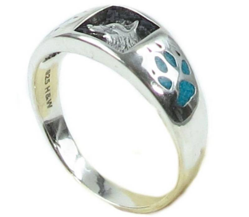Native Dreams Fingerring Bandring Wolf, 925 Sterling Silber Türkis Navajo Handarbeit Chip Inlay von Native Dreams