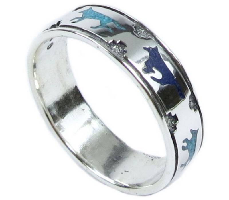 Native Dreams Fingerring Bandring Wolf Wölfe, 925 Sterling Silber Chip Inlay Türkis Navajo-Handarbeit von Native Dreams