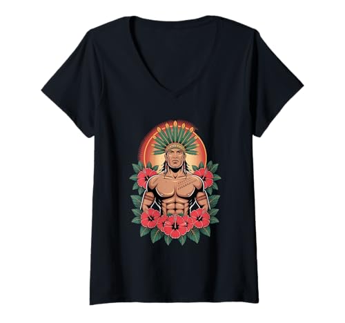 Damen Ureinwohner Krieger mit floralem Kopfschmuck Kunst T-Shirt mit V-Ausschnitt von Native Warrior Cultural Heritage