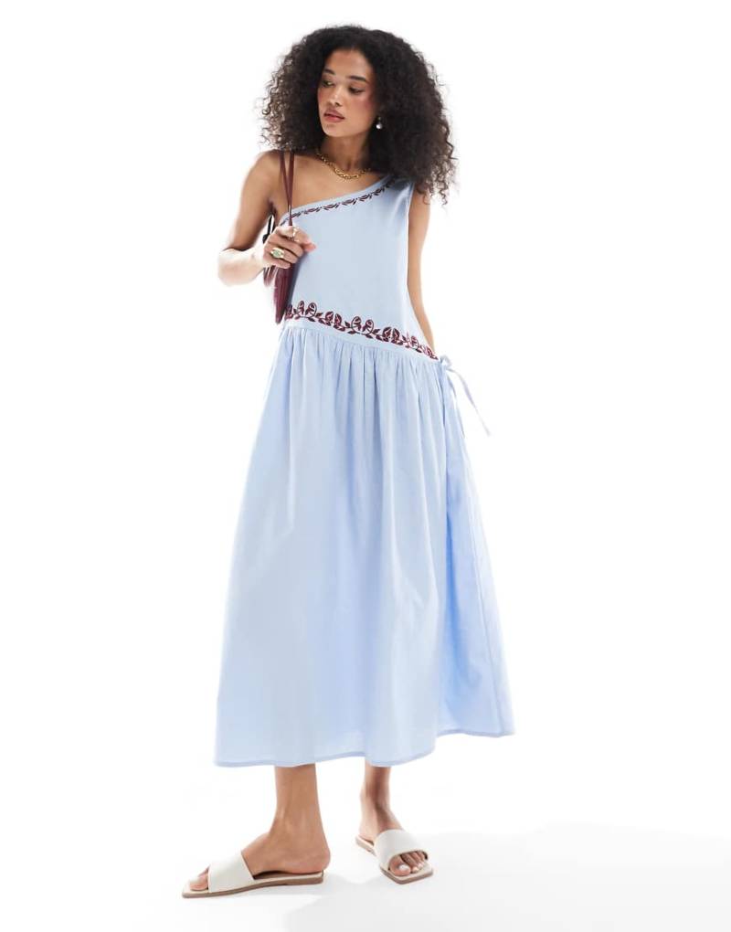 Native Youth - Besticktes Midaxi-Leinenkleid in Meeresblau mit One-Shoulder-Träger von Native Youth