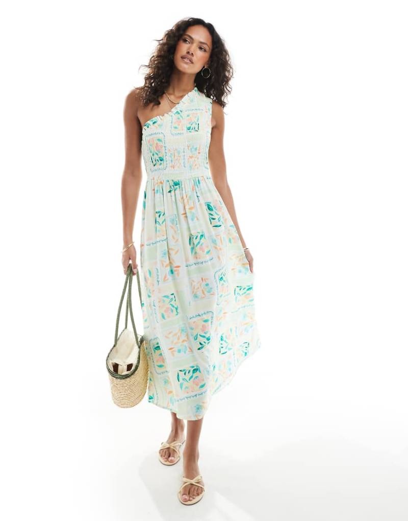 Native Youth - Gesmoktes, mehrfarbiges Midaxikleid mit One-Shoulder-Träger-Bunt von Native Youth