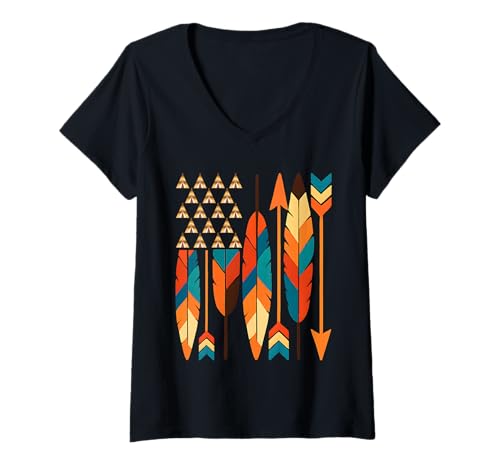 Damen Indianerflagge Stammesfeder Pfeil Design Kunst T-Shirt mit V-Ausschnitt Damen Indianerflagge Stammesfeder Pfeil Design Kunst T-Shirt mit V-Ausschnitt von Native indigenous Indian Heritage Tribal Apparel