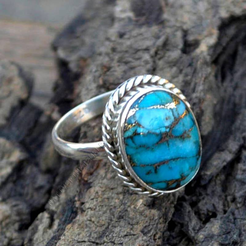 Blauer Kupfer Türkis Ring Ovaler Edelstein, 925 Sterling Silber von NativeFineJewelry