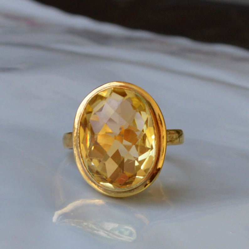 Lemonquarz Ring Schachbrettschliff Silber 925 Gelbgold | 16 X 12 Mm von NativeFineJewelry