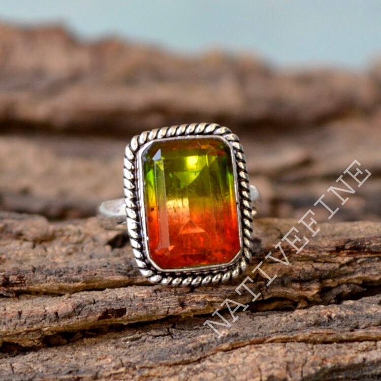 Octagon Wassermelonen-Turmalin Ring 925 Sterling Silber Fassung von NativeFineJewelry