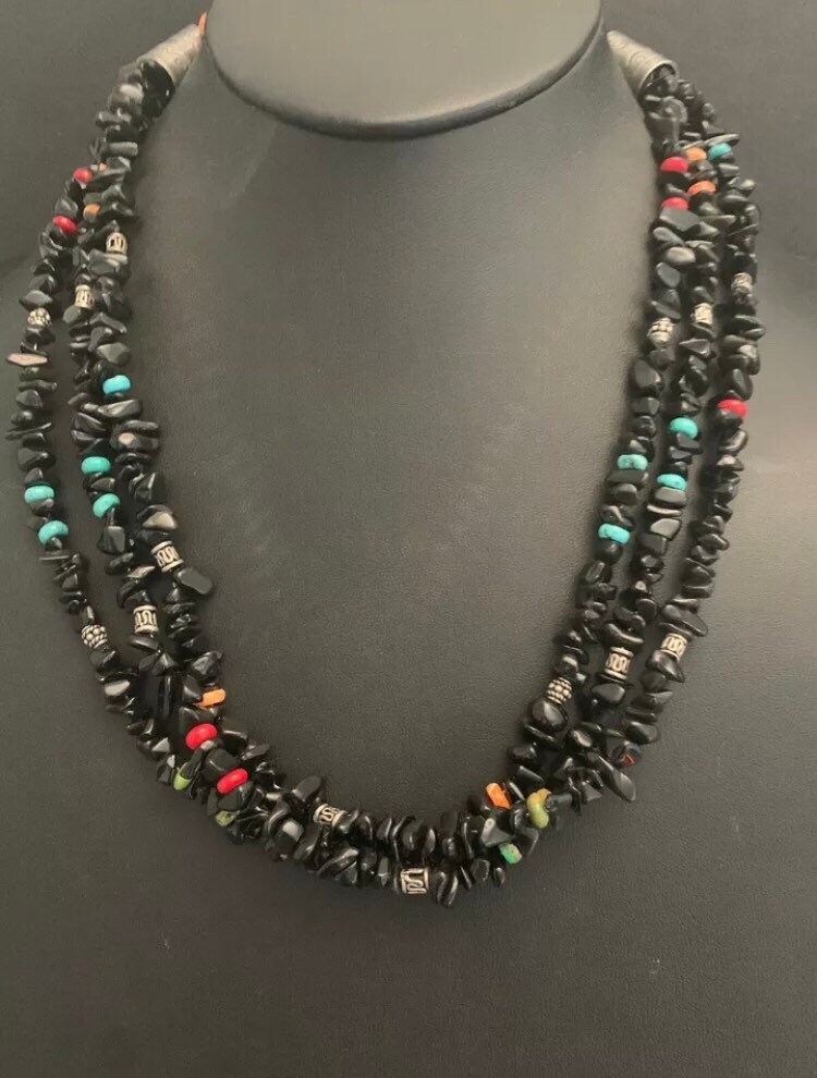 Sterling Silber 3 Strang Schwarzer Onyx Perlenkette von NativeTurquoiseT