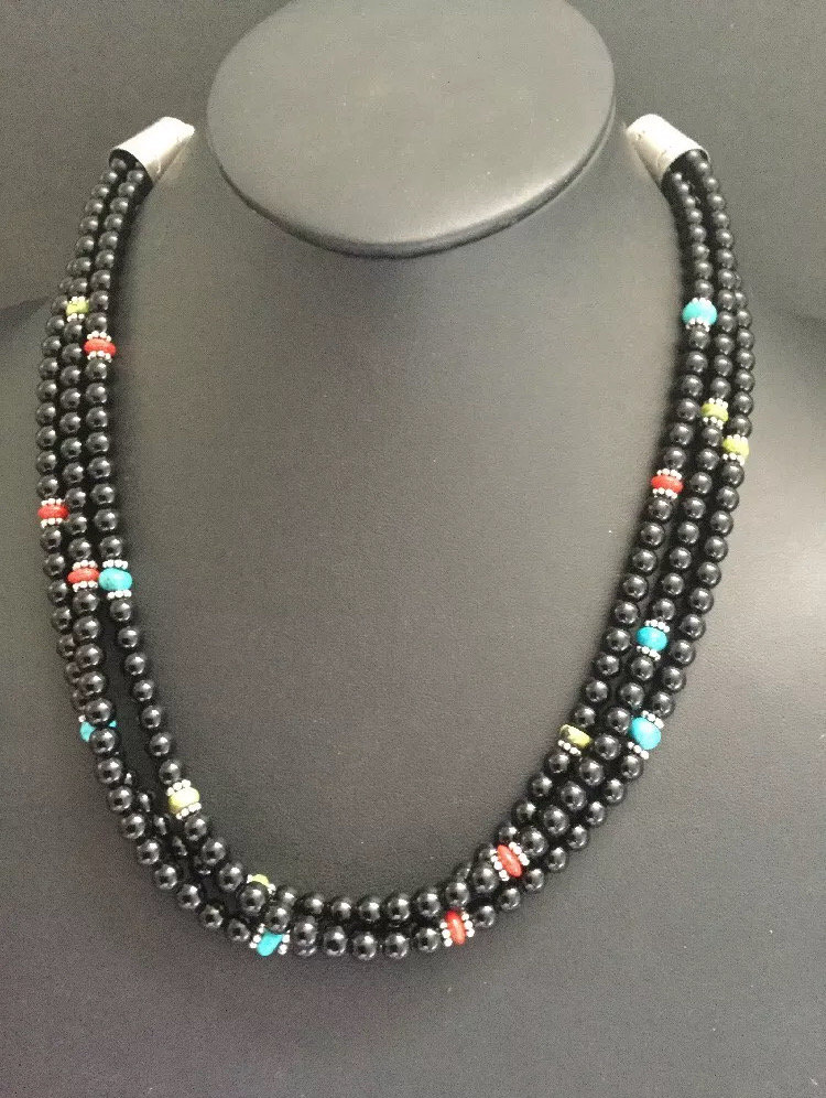 Sterling Silber 3 Strang Türkis, Onyx Perlenkette von NativeTurquoiseT