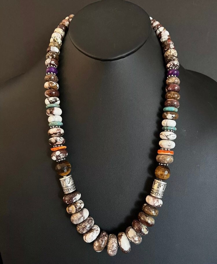 Sterling Silber Graduierte Multi Stein Verrückte Wilde Pferd Perlenhalskette. 66 cm Gross von NativeTurquoiseT