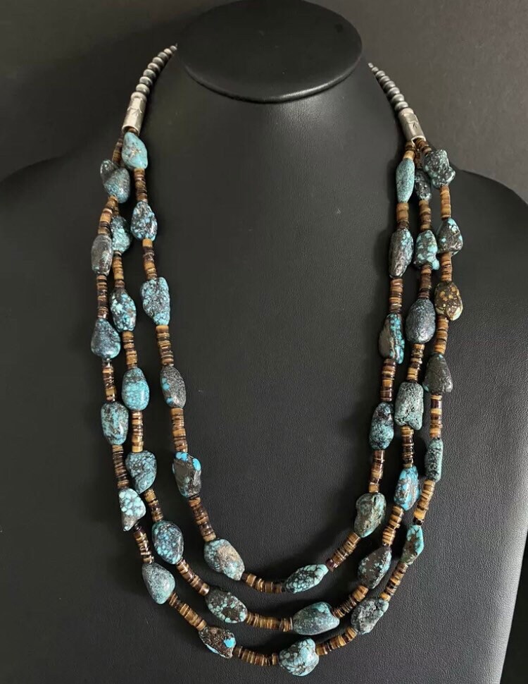 Sterling Silber Layered Multi Strang Blau Türkis Nuggets Perlenkette 30" von NativeTurquoiseT