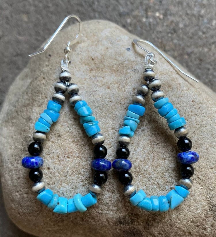 Sterling Silber Multi Stein Türkis Lapis Onyx W Perlen Loop Ohrringe von NativeTurquoiseT