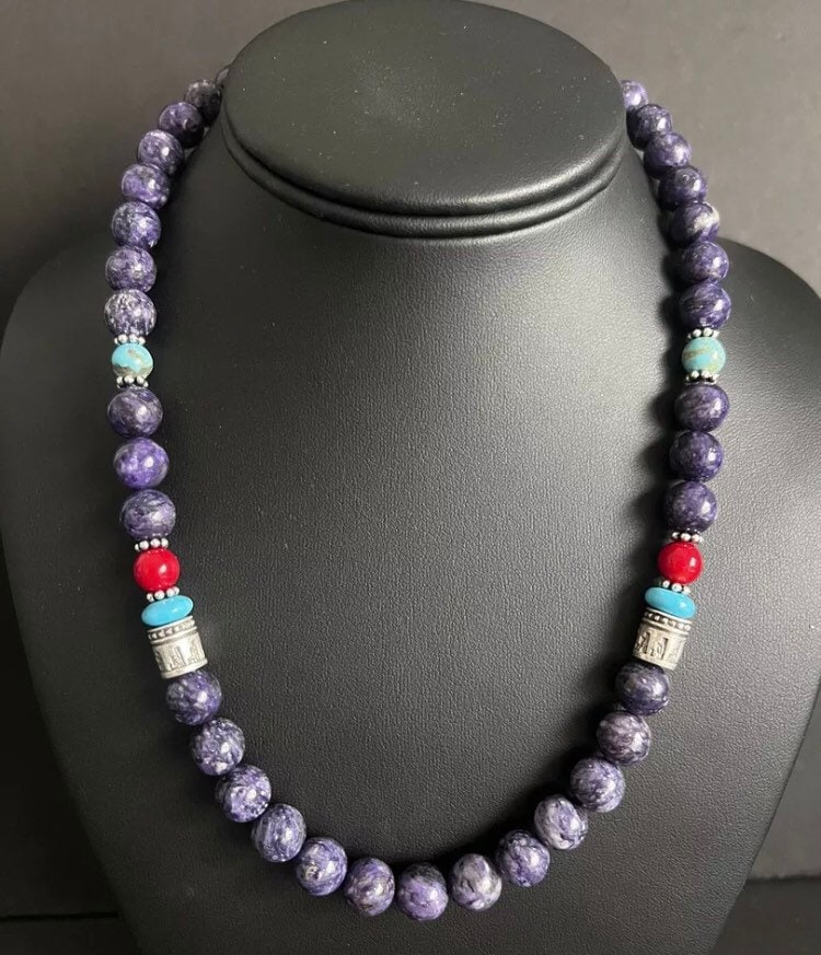Sterling Silber Multi Stone Charoite Perlenkette 18 Zoll von NativeTurquoiseT