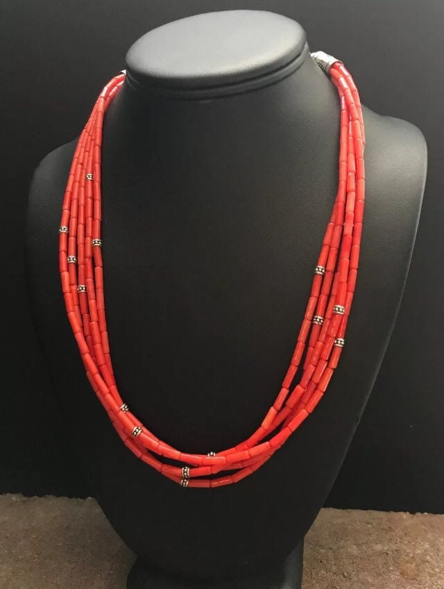 Sterling Silber Multi Strand Orange Bambus Koralle Perle Halskette. 20 Zoll von NativeTurquoiseT