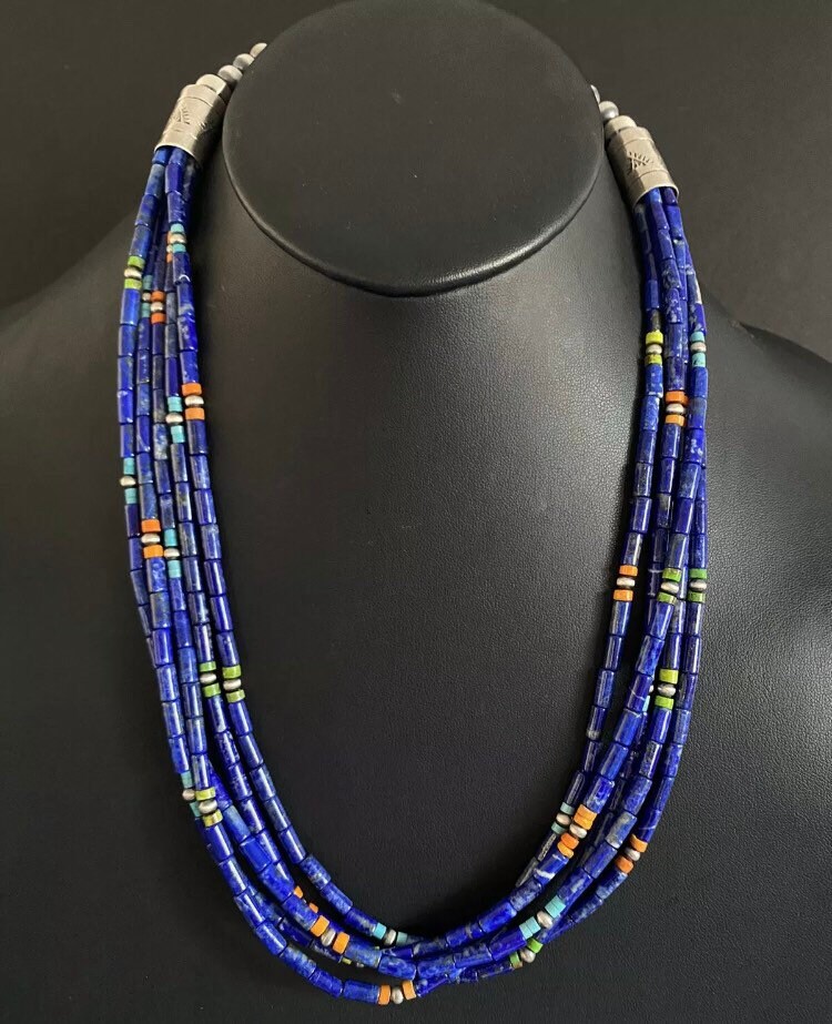 Sterling Silber Multi Strang Stein Lapis Perlen Halskette. 24 Zoll von NativeTurquoiseT