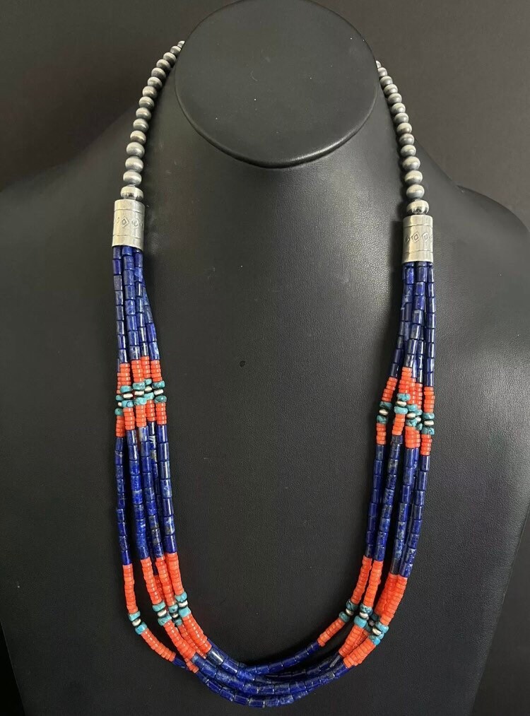 Sterling Silber Multi Strang Stein Lapis Perlen Halskette. 30 Zoll von NativeTurquoiseT